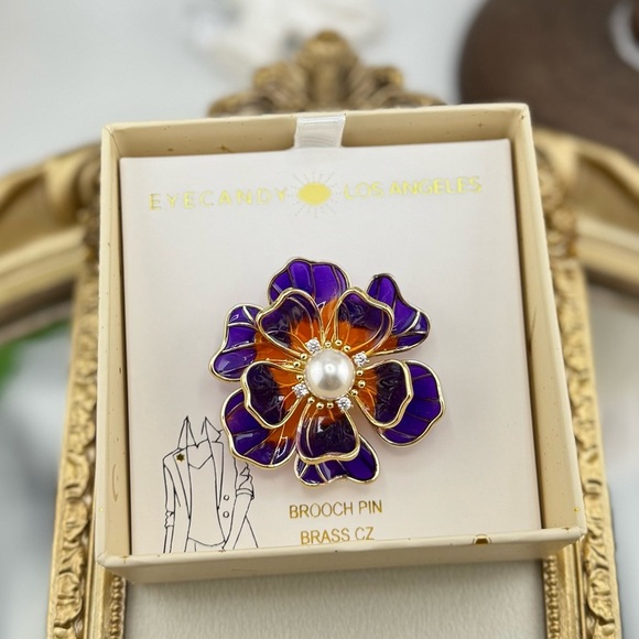 Eyecandy LA Enamel Flower Brooch – Purple & Orange with Pearl Center - Picture 1 of 4